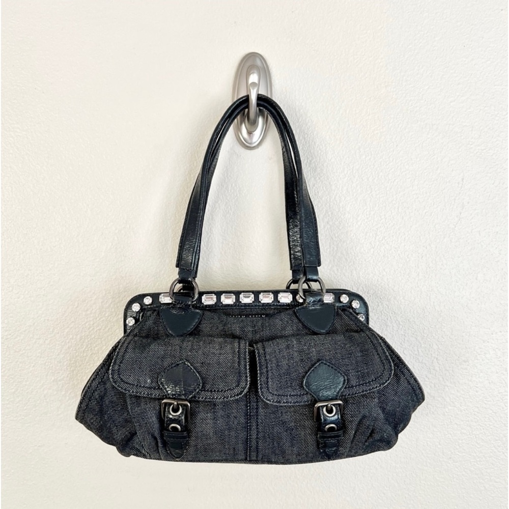 MIU MIU Rhinestone Denim Frame Pocket Buckle Bag in Nero Black